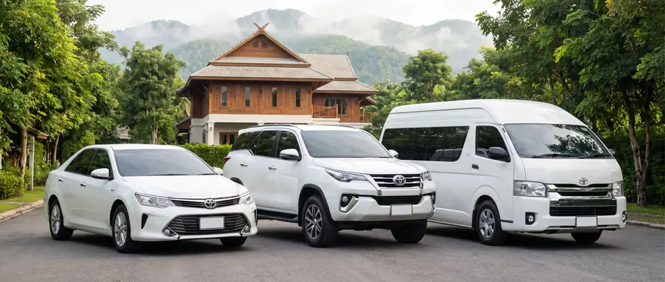 รถเก๋ง SUV และรถตู้ หน้าบ้านไม้ล้านนา