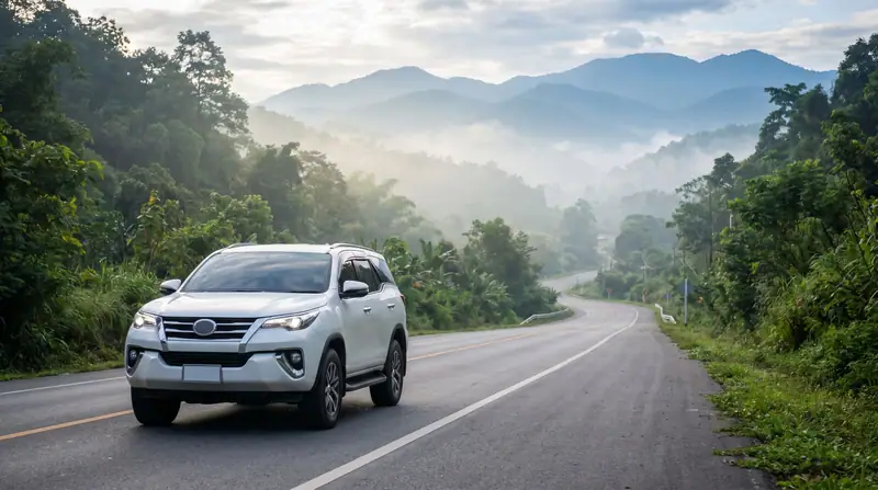 รถ SUV สีขาวบนถนนคดเคี้ยวไปปาย
